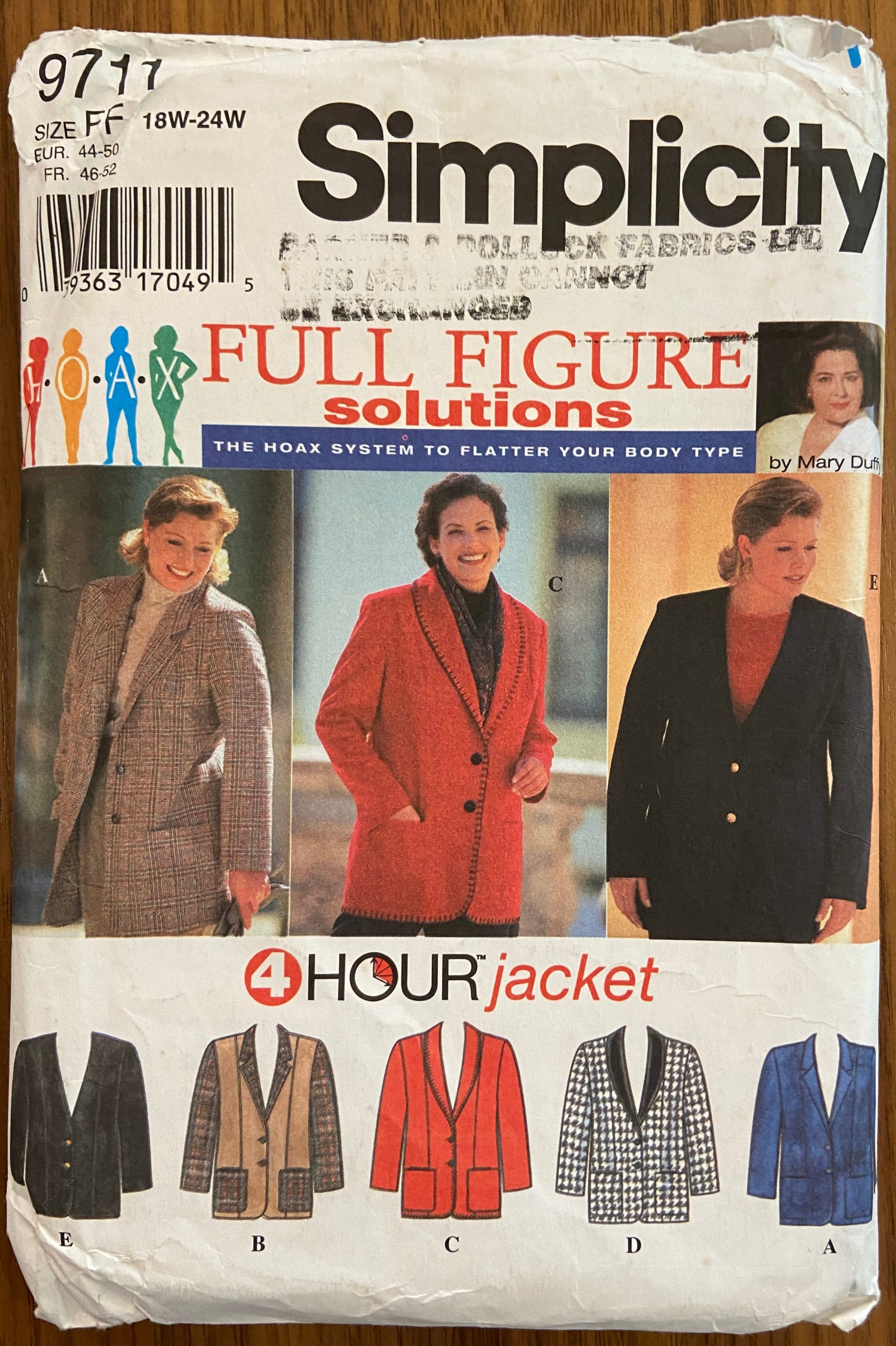 Simplicity 9711 1980s full figured jacket pattern. Bust 44-50 inches