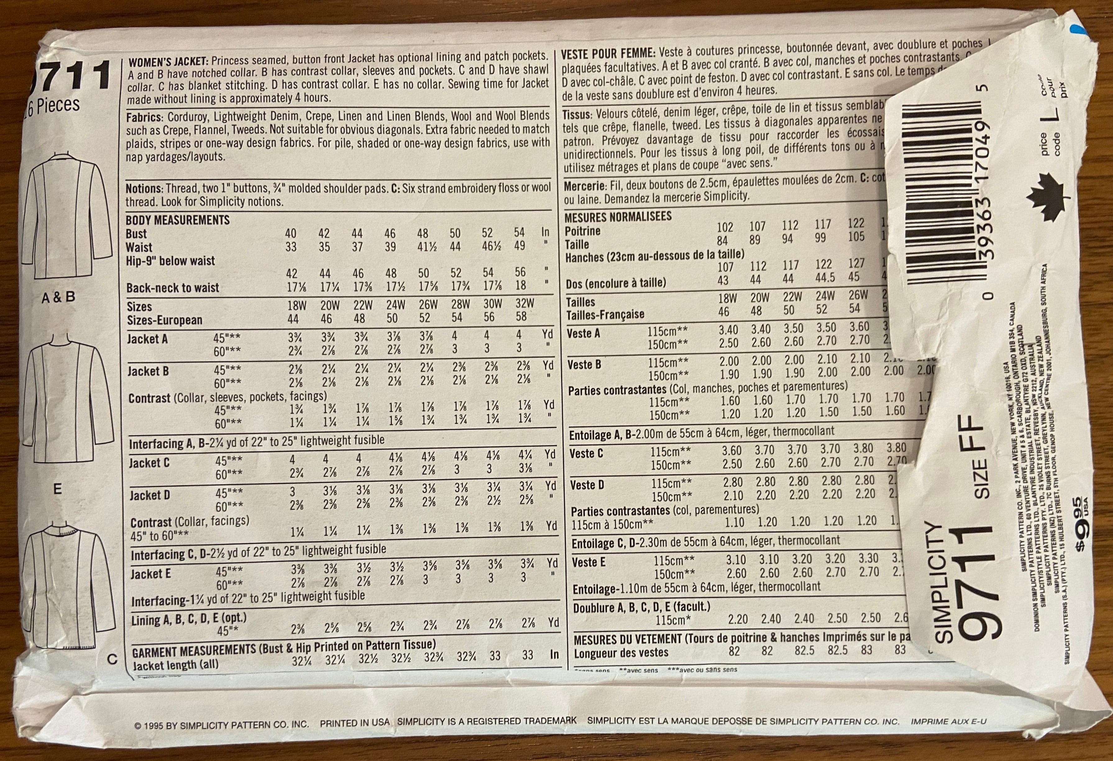 Simplicity 9711 1980s full figured jacket pattern. Bust 44-50 inches