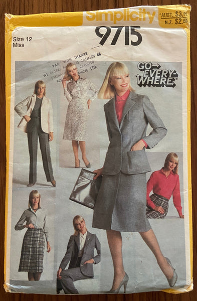 Simplicity 9715 vintage 1980s shirt, skirt, pants, jacket sewing pattern. Bust 34 inches