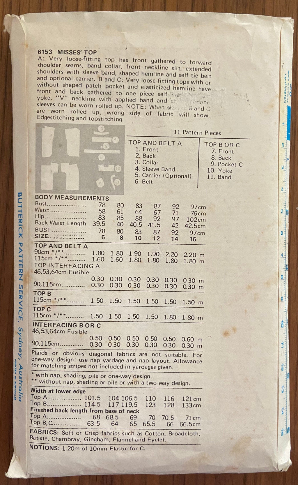 Butterick 6153 vintage 1980s top sewing pattern. Bust 32 1/2 inches