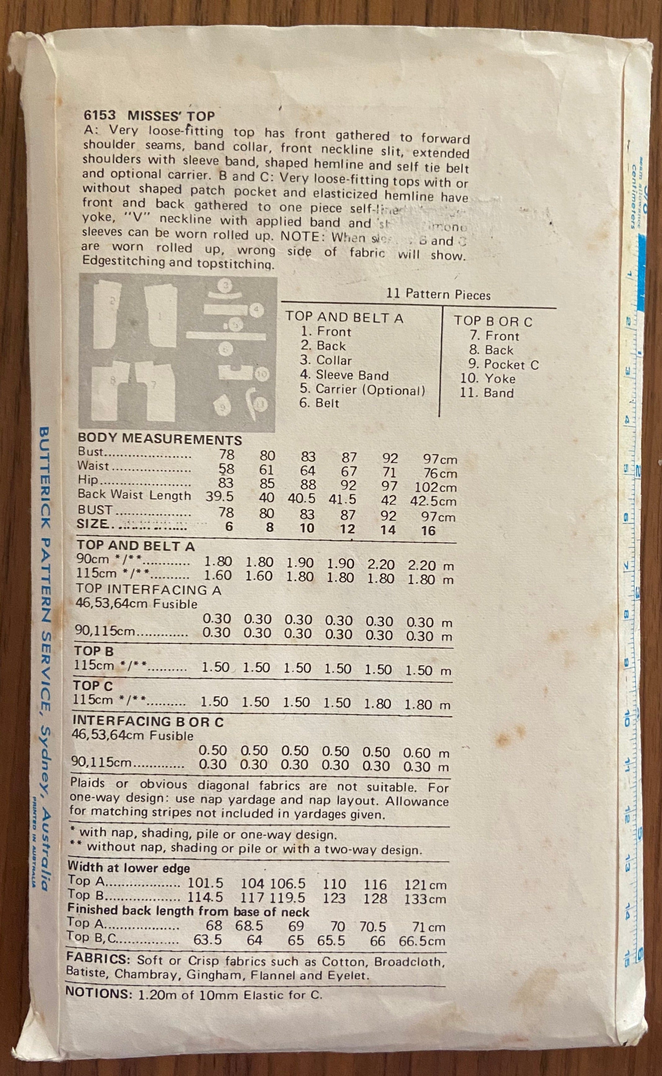 Butterick 6153 vintage 1980s top sewing pattern. Bust 32 1/2 inches
