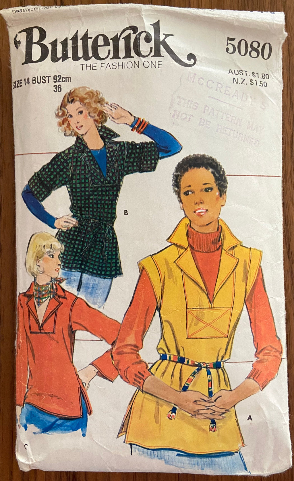 Butterick 5080 vintage 1970s top pattern. Bust 36 inches