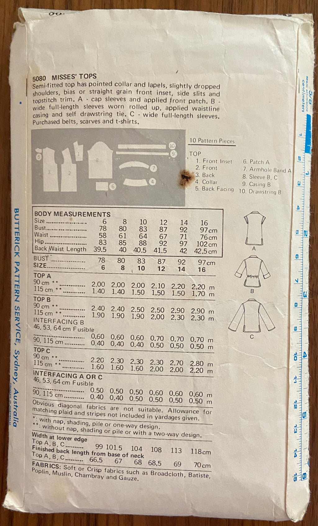 Butterick 5080 vintage 1970s top pattern. Bust 36 inches