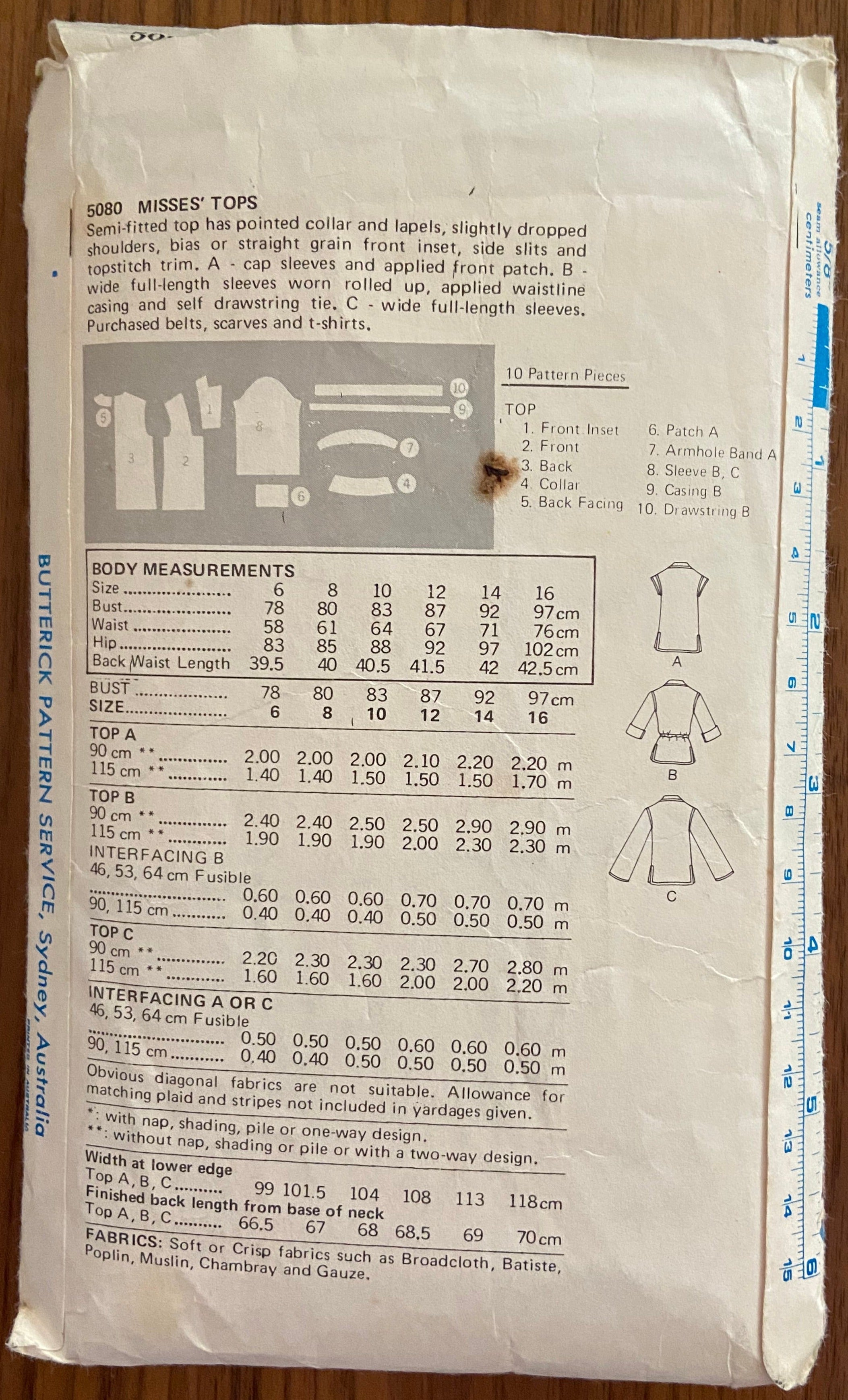 Butterick 5080 vintage 1970s top pattern. Bust 36 inches