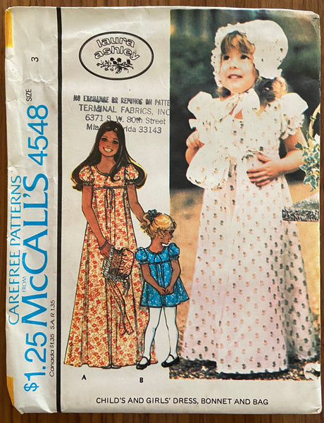 McCall's 4548 vintage 1970s Laura Ashley dress, bonnet and bag sewing pattern. Size 3 years, breast 22 inches