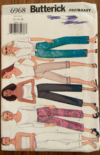 Butterick 6968 pants sewing pattern. Waist 26 1/2, 28, 30 inches