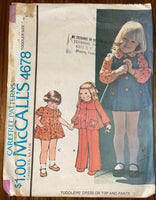 McCall's 4678 vintage 1970s toddler's dress or top and pants sewing pattern Size 1, 20 inch breast