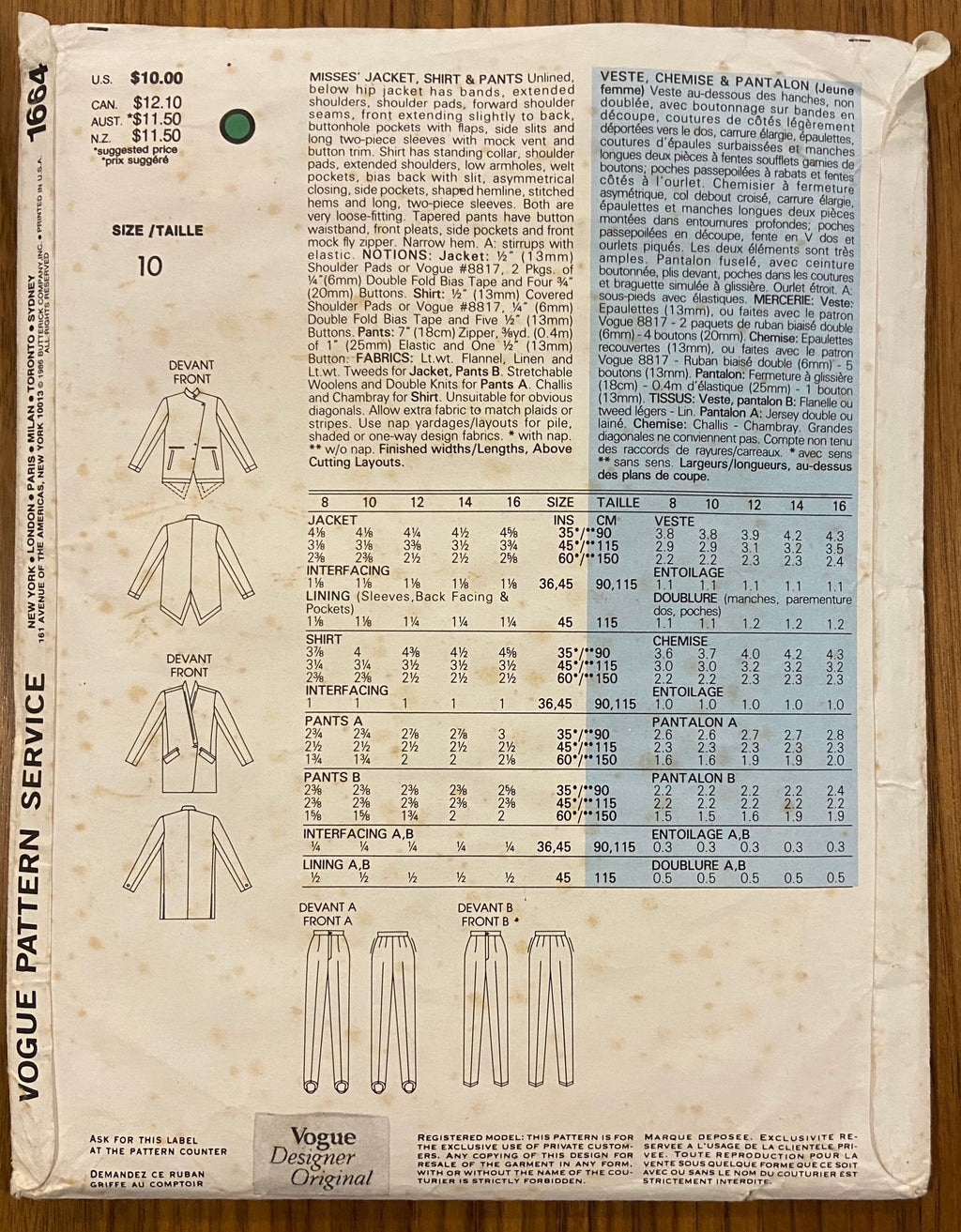 Vintage Vogue 1664 Individualist Issey Miyake jacket skirt and pants pattern Bust 36 inches