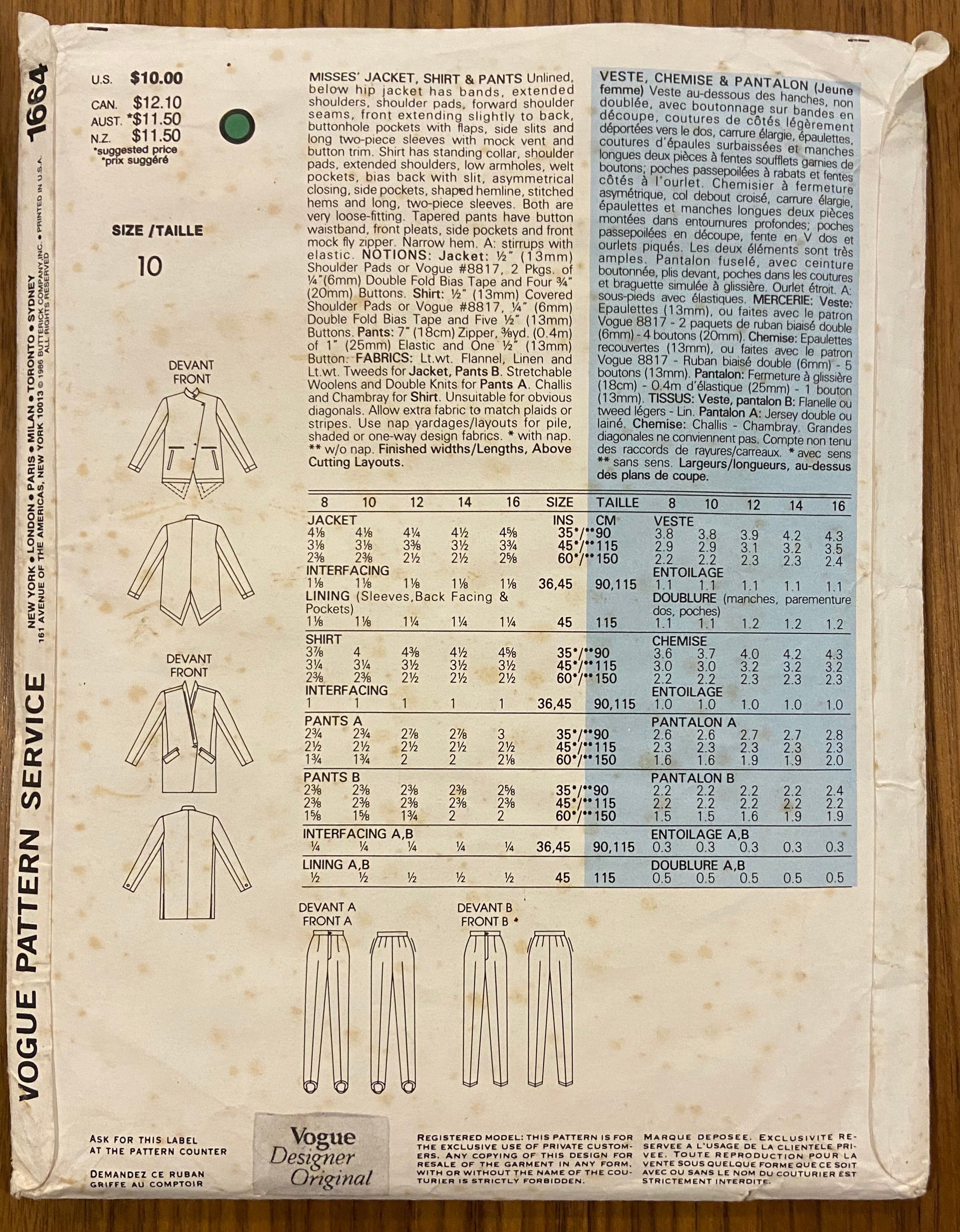 Vintage Vogue 1664 Individualist Issey Miyake jacket skirt and pants pattern Bust 36 inches