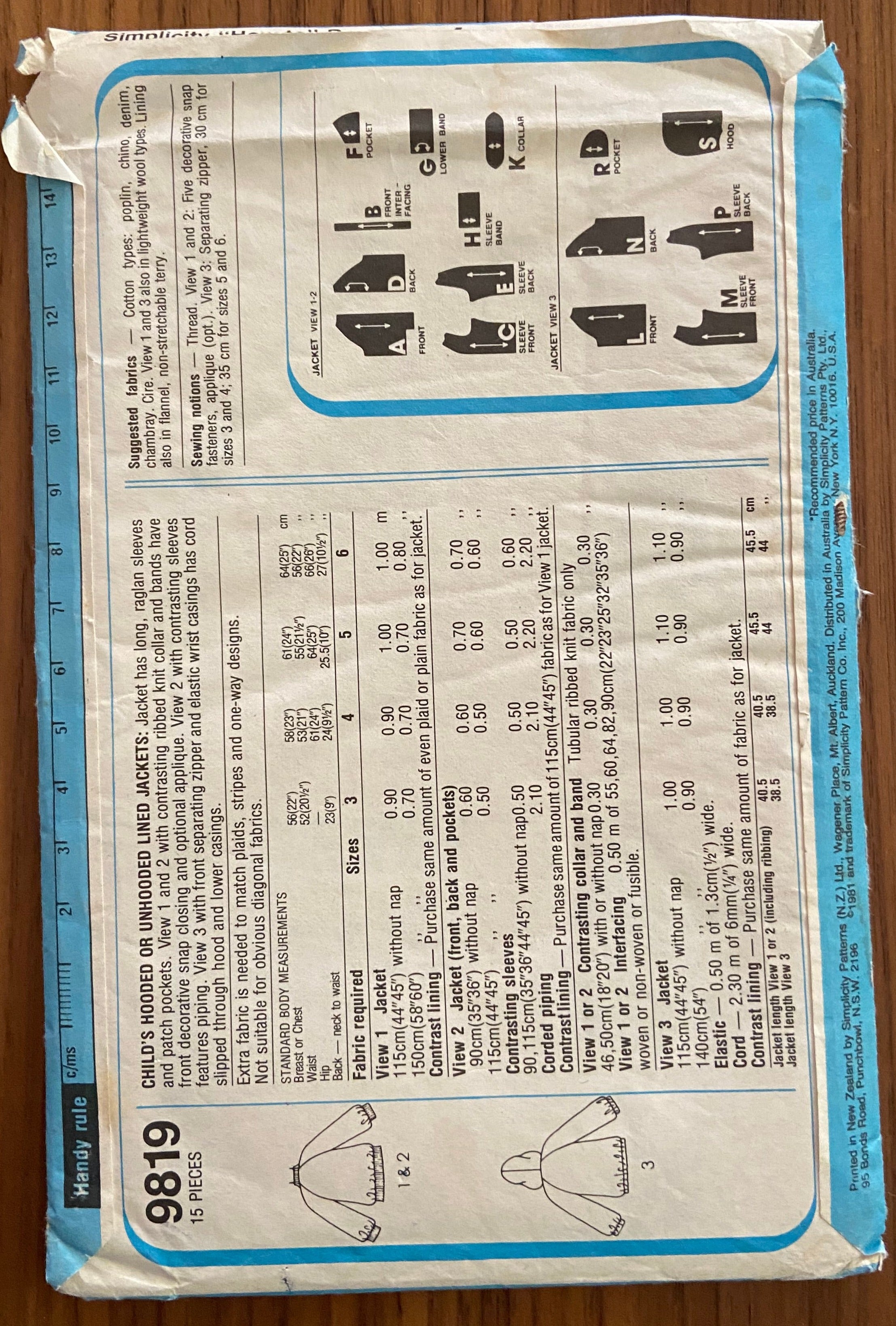 Simplicity 9819 vintage 1980s child's jackets sewing pattern Size 4, 23 inch chest
