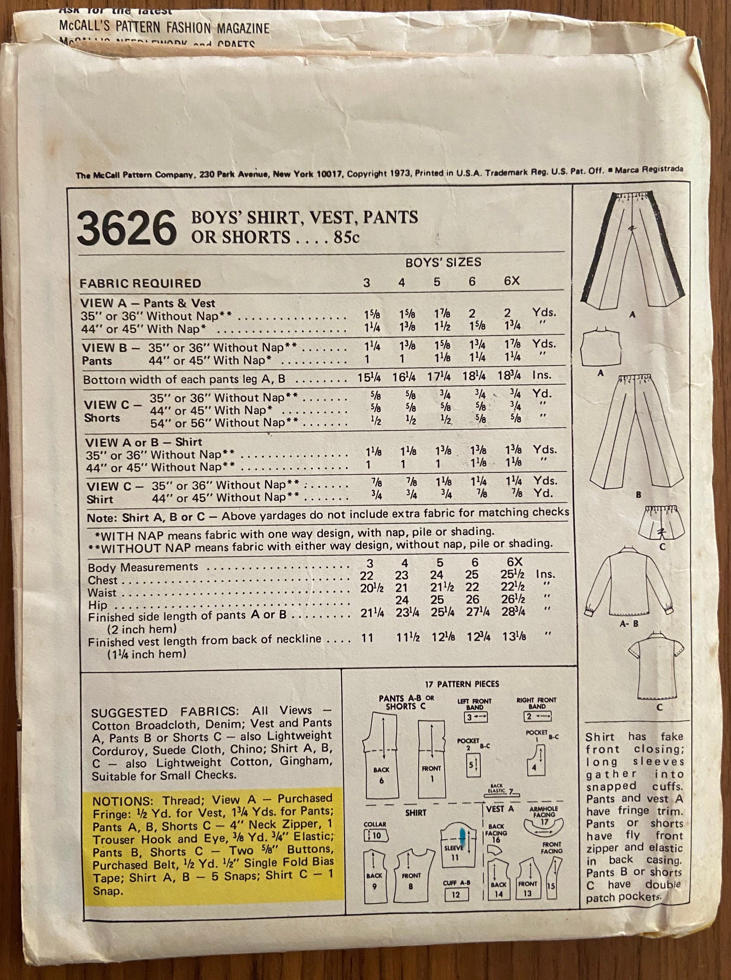 McCall's 3626 vintage 1970s boys shirt, vest, pants or shorts sewing pattern Size 6, 25 inch chest