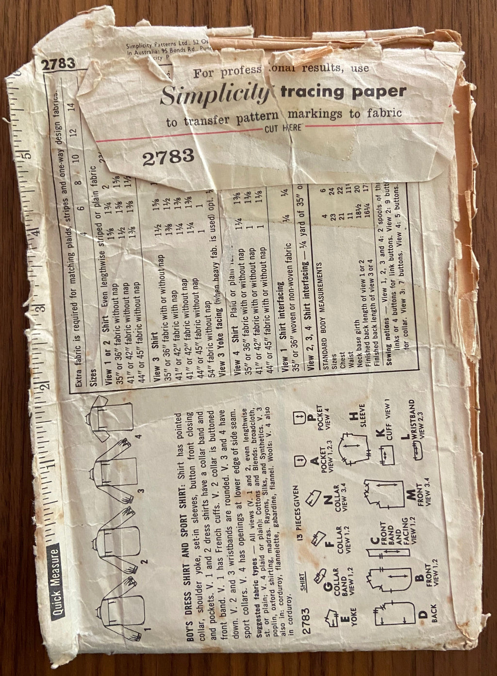 Simplicity 2783 vintage 1950s boy's shirts sewing pattern Size 4 24 inch chest