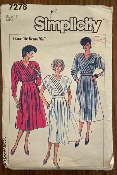 Simplicity 7278 vintage 1980s dress pattern. Bust 34 inches