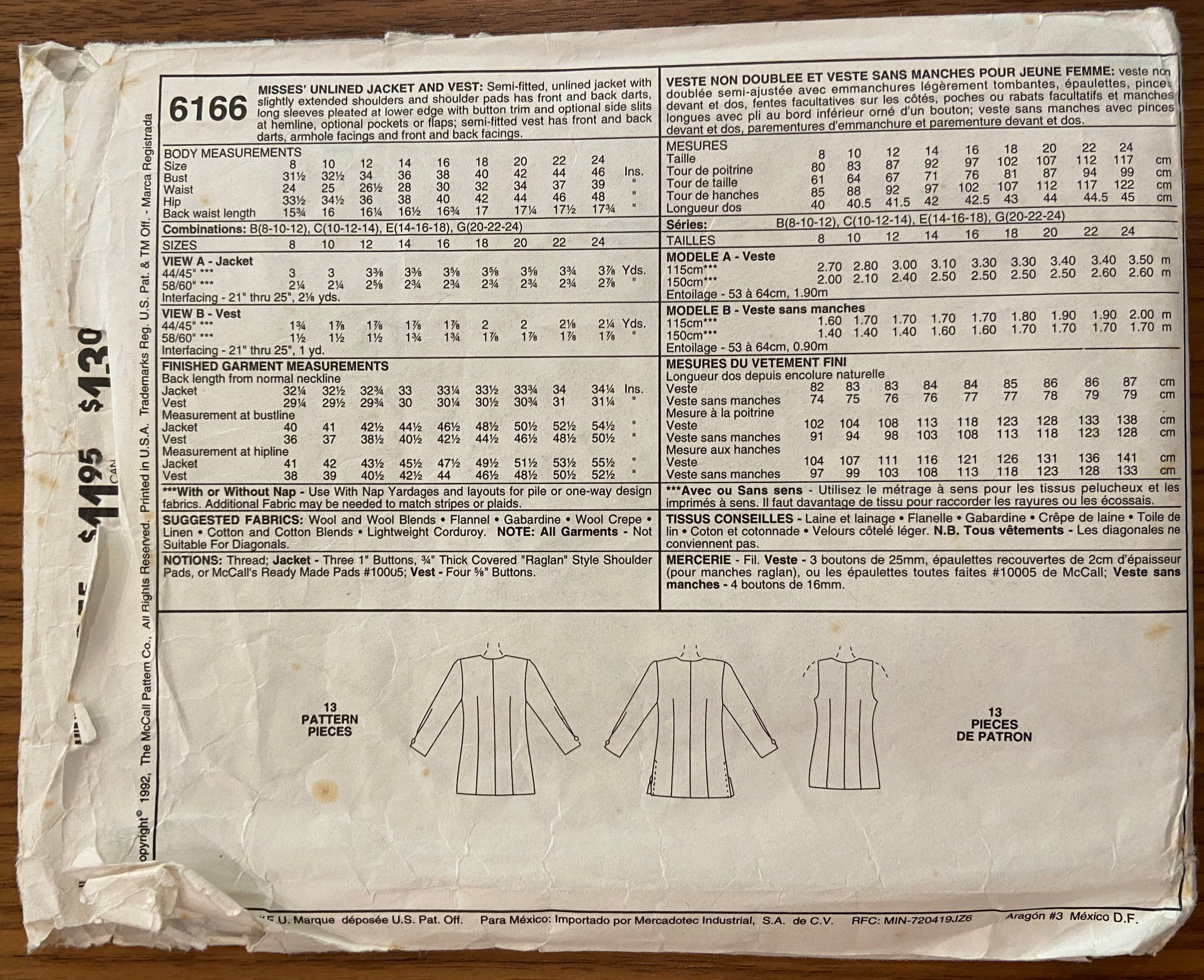 Copy of Burda 3587 vintage 1990s jacket and vest pattern Bust 31.5, 32.5, 34 inches