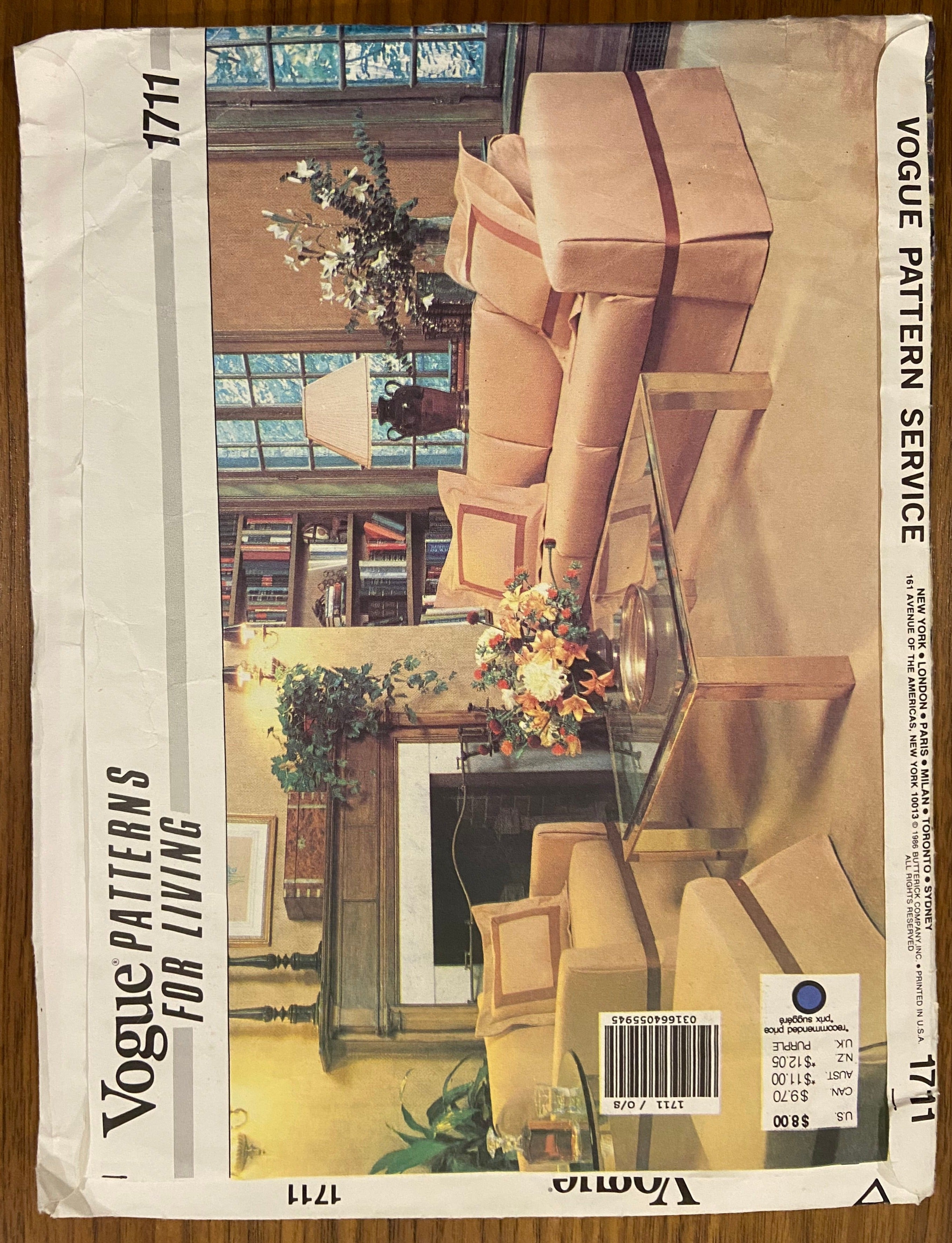 Vogue 1711 vintage 80s couch sofa and armchair slipcovers in 2 styles and pillow cushion covers pattern.