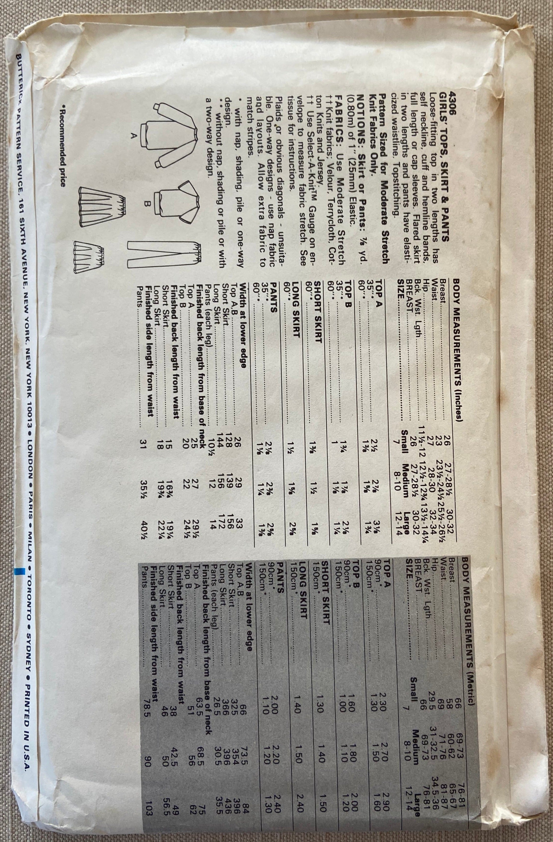 Butterick 4306 vintage 1980s child's tops, skirt and pants sewing pattern