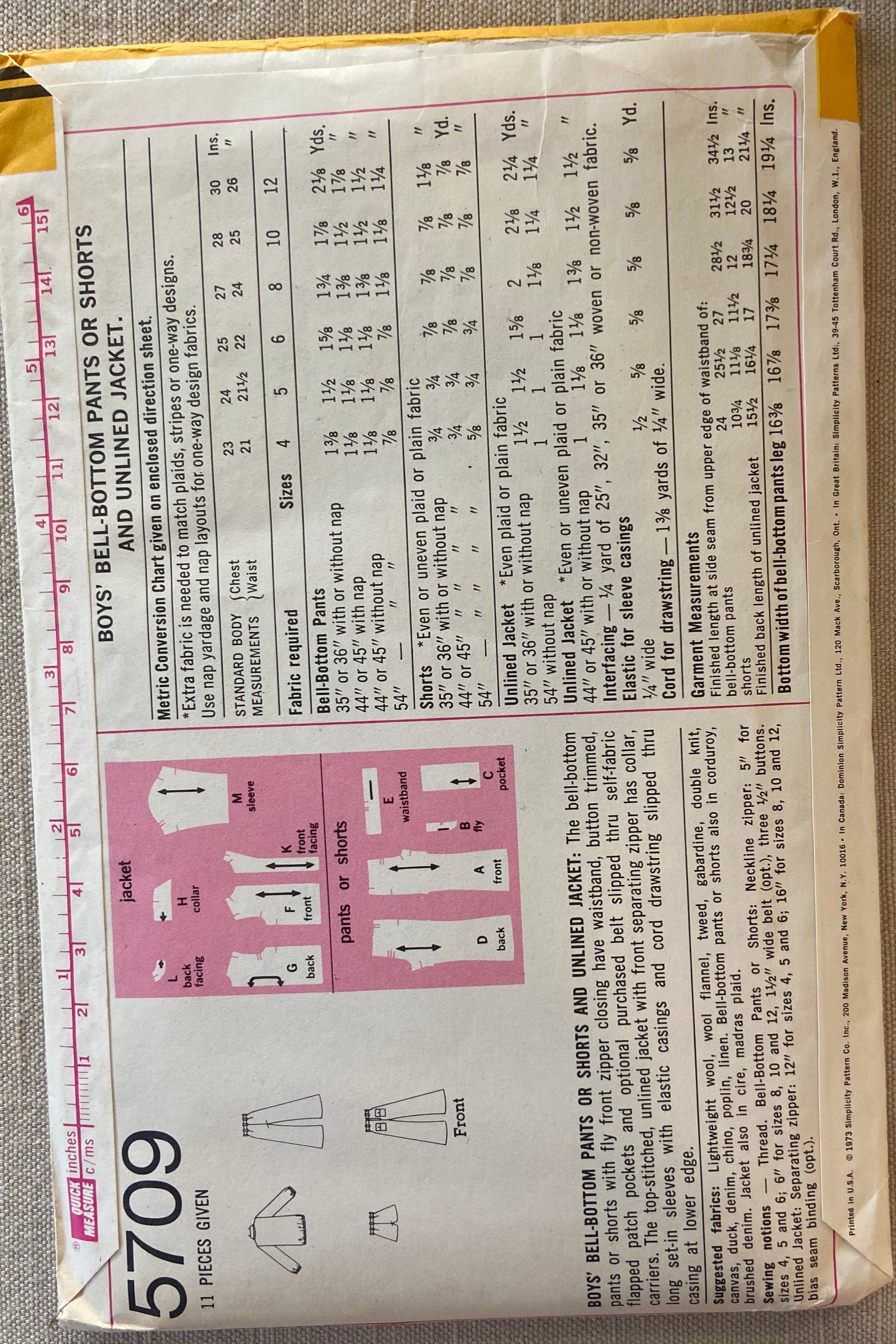 Copy of McCall's 6673 vintage 1970s boys bell bottom pants or shorts and jacket sewing pattern Size 5 Chest 24 inches