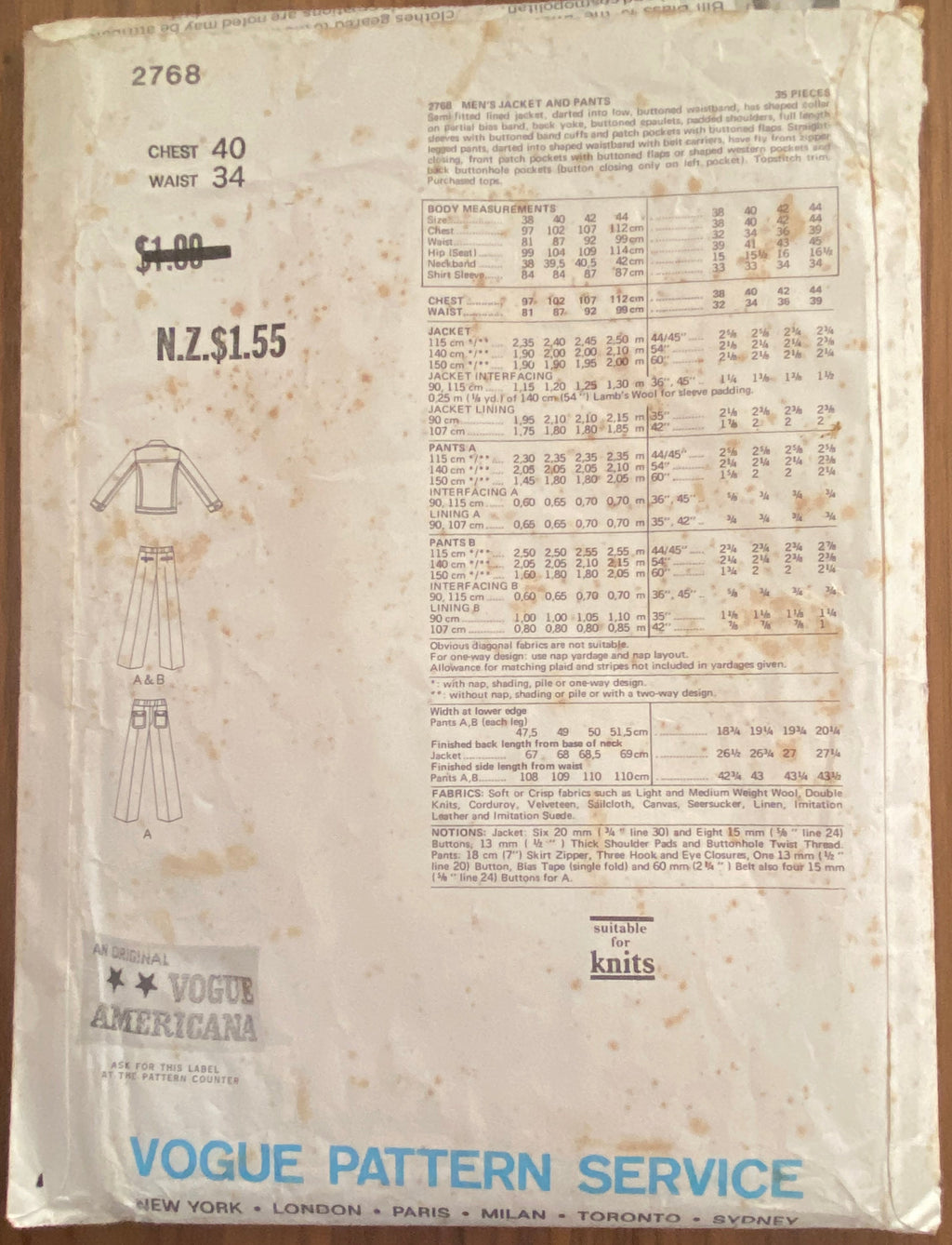 Vintage 1970s Vogue Americana Bill Blass jacket and pants sewing pattern. Chest 40 inches