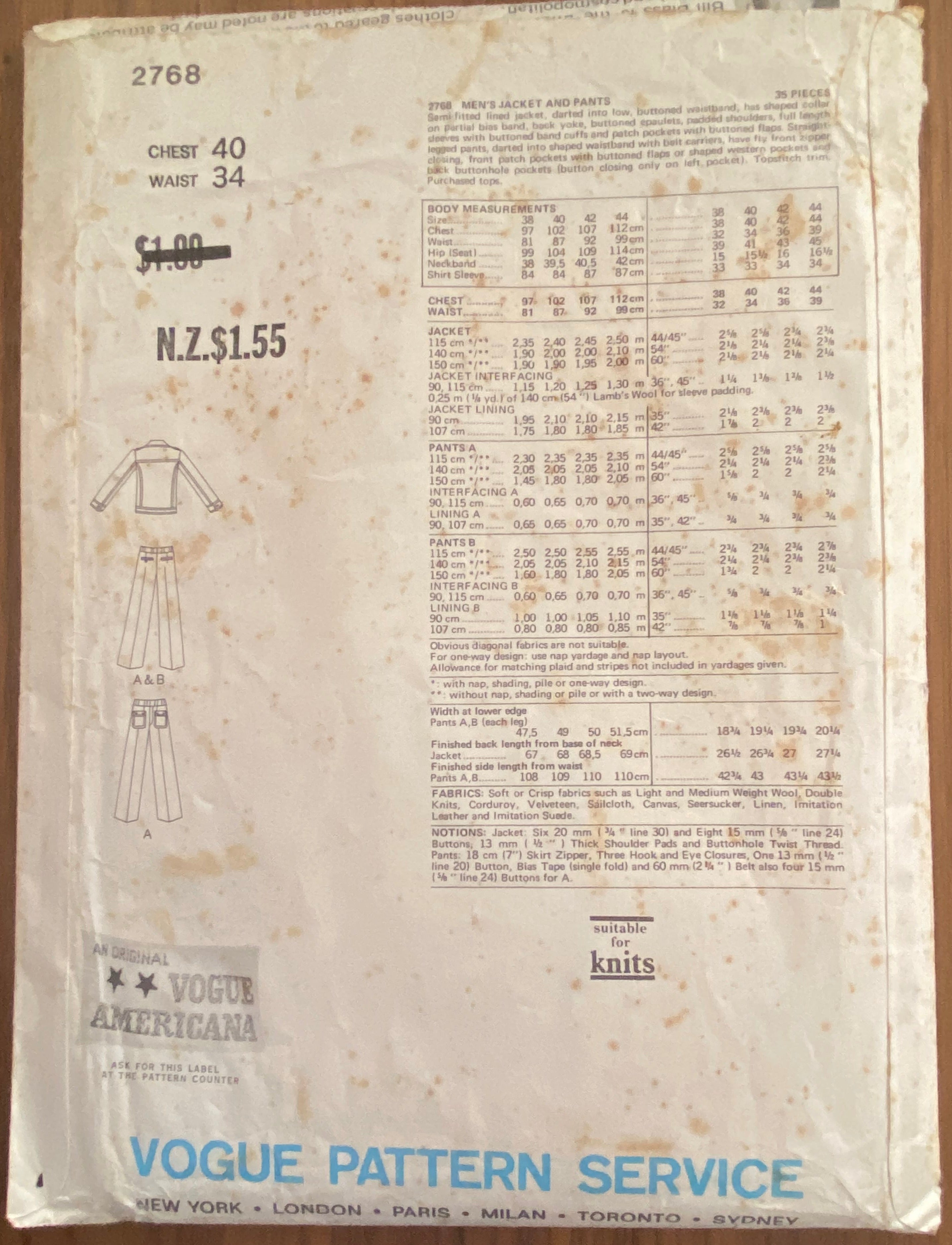 Vintage 1970s Vogue Americana Bill Blass jacket and pants sewing pattern. Chest 40 inches