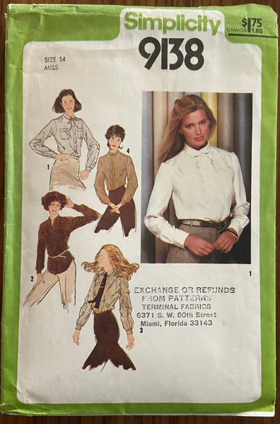 Simplicity 9138 vintage 1970s blouse sewing pattern. Bust 36 inches