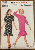 Simplicity 7981 vintage 1990s dress sewing pattern. Bust 30.5, 31.5, 32.5, 34, 36, 38 inches