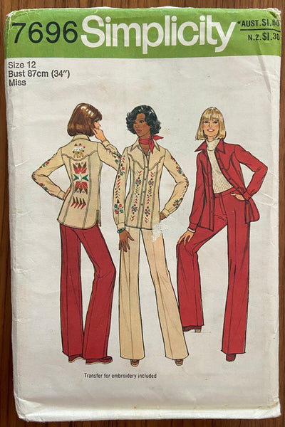 Simplicity 7696 vintage 1970s shirt jacket and pants pattern Bust 34 inches