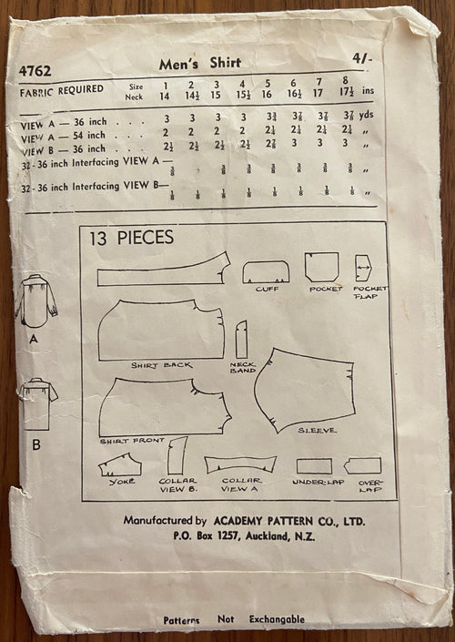 Academy 4762 vintage 1950s men's shirt pattern