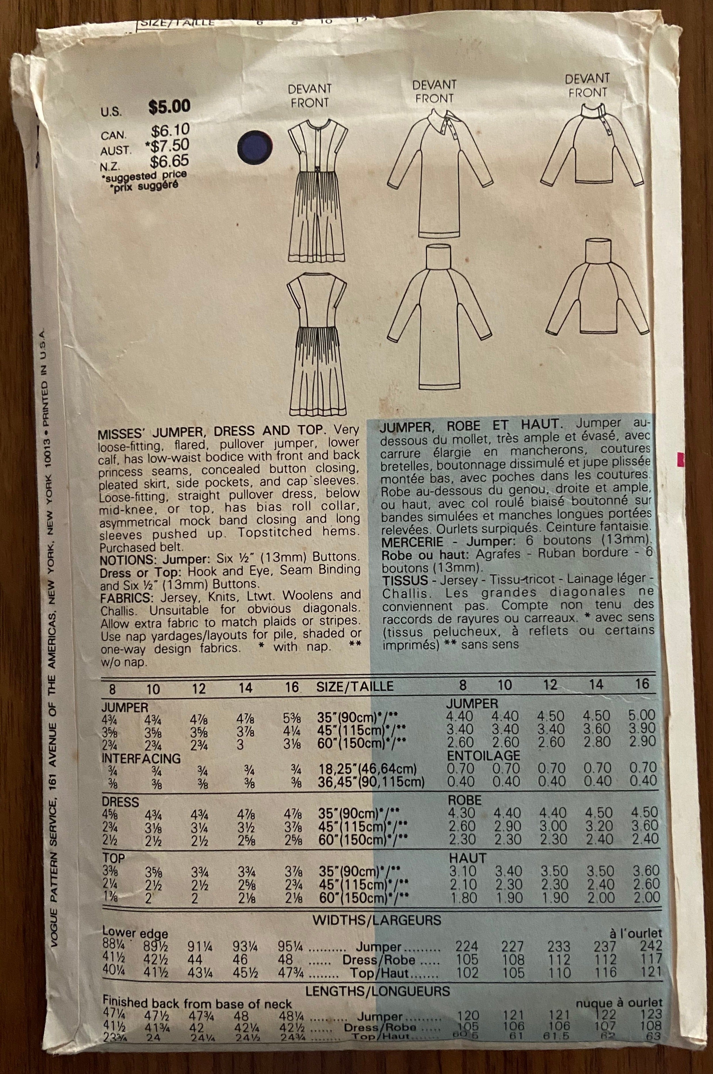 Vogue 9074 vintage 1980s jumper, dress and top pattern. Bust 34