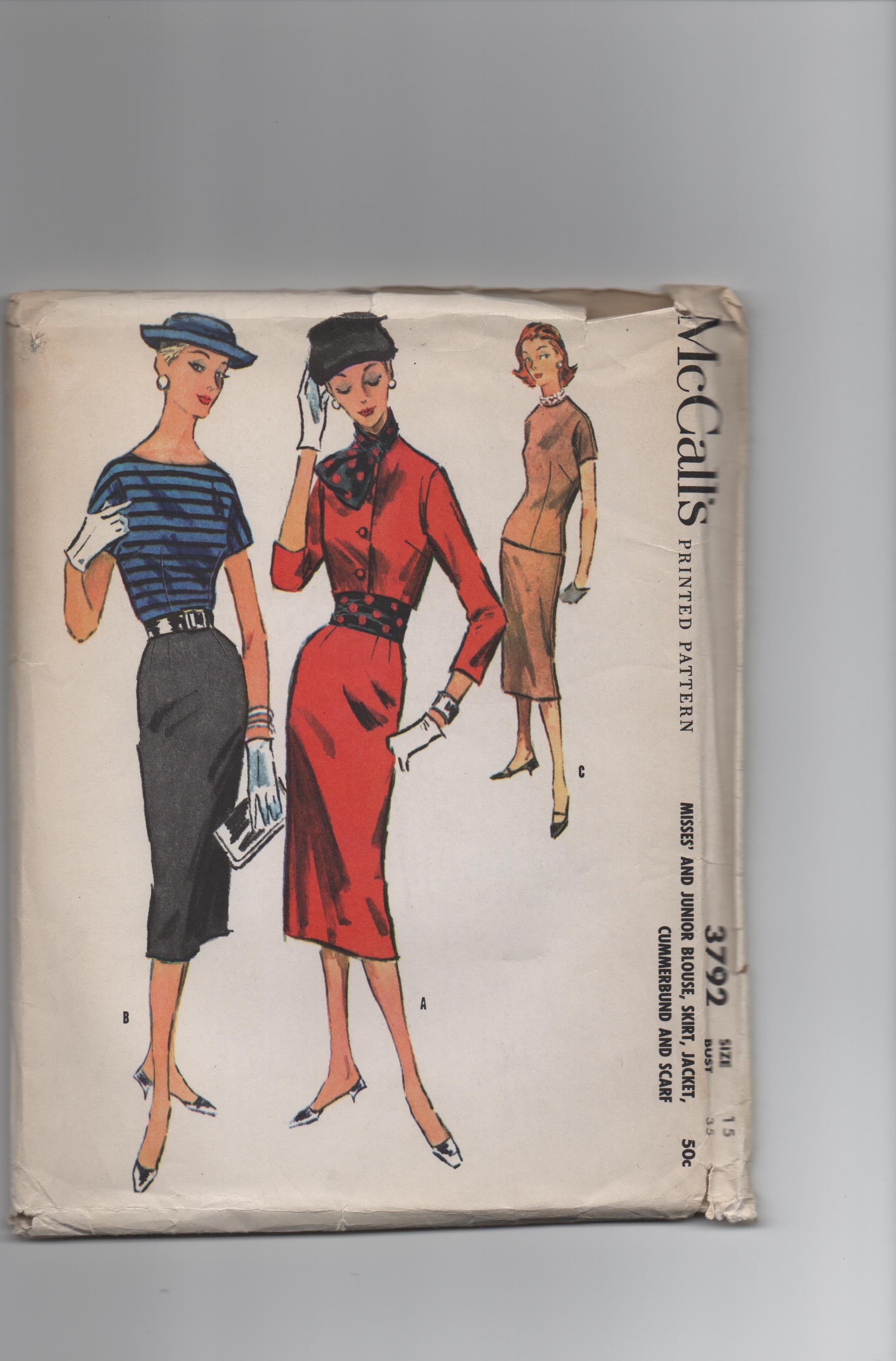 McCall's 3792 vintage 1950s jacket, blouse and skirt sewing pattern