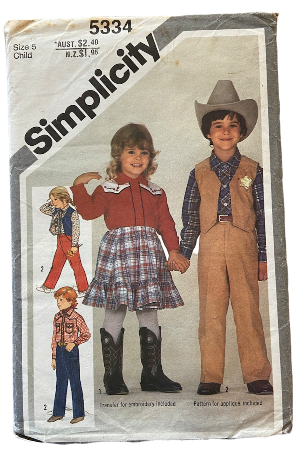 Simplicity 5334 vintage 1980s child's Western shirt, pants, skirt and lined vest pattern. Size 5 years