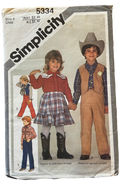 Simplicity 5334 vintage 1980s child's Western shirt, pants, skirt and lined vest pattern. Size 5 years