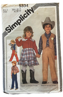 Simplicity 5334 vintage 1980s child's Western shirt, pants, skirt and lined vest pattern. Size 5 years