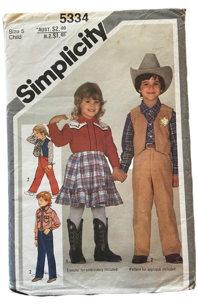 Simplicity 5334 vintage 1980s child's Western shirt, pants, skirt and lined vest pattern. Size 5 years