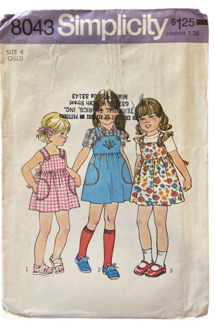Simplicity 8043 vintage 1970s child's dress and jumper sewing pattern Size 4 Breast 23 inches