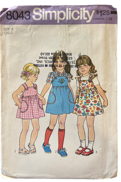 Simplicity 8043 vintage 1970s child's dress and jumper sewing pattern Size 4 Breast 23 inches