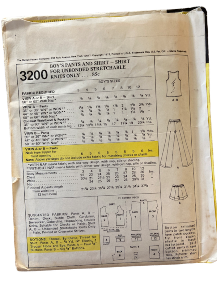 McCall's 3200 vintage 1970s boy's pants and shirt sewing pattern size 7, 27 inch chest