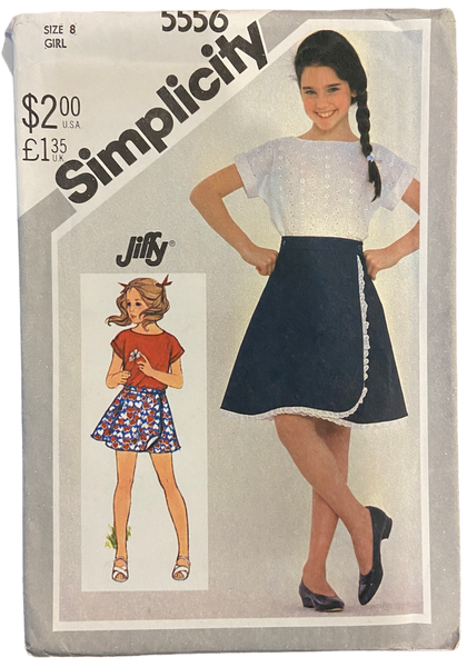 Simplicity 5556 vintage 1980s child's wrap skirt and pullover top sewing pattern Size 8, 27 inch breast