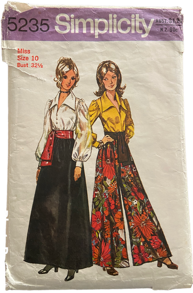 Simplicity 5235 vintage 1970s blouse, skirt, pantskirt and sash sewing pattern