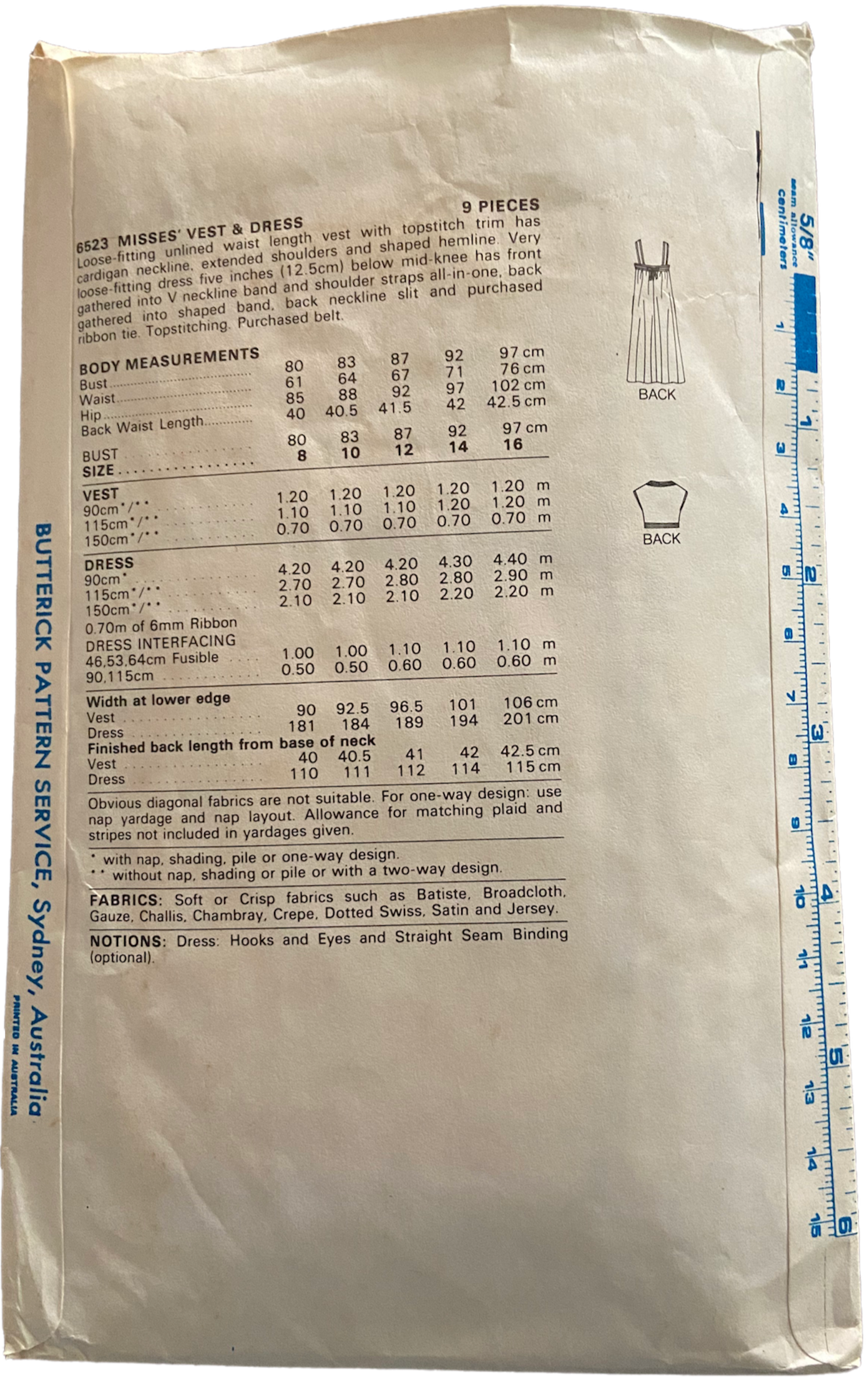 Butterick 6523 vintage 1980s dress and vest sewing pattern