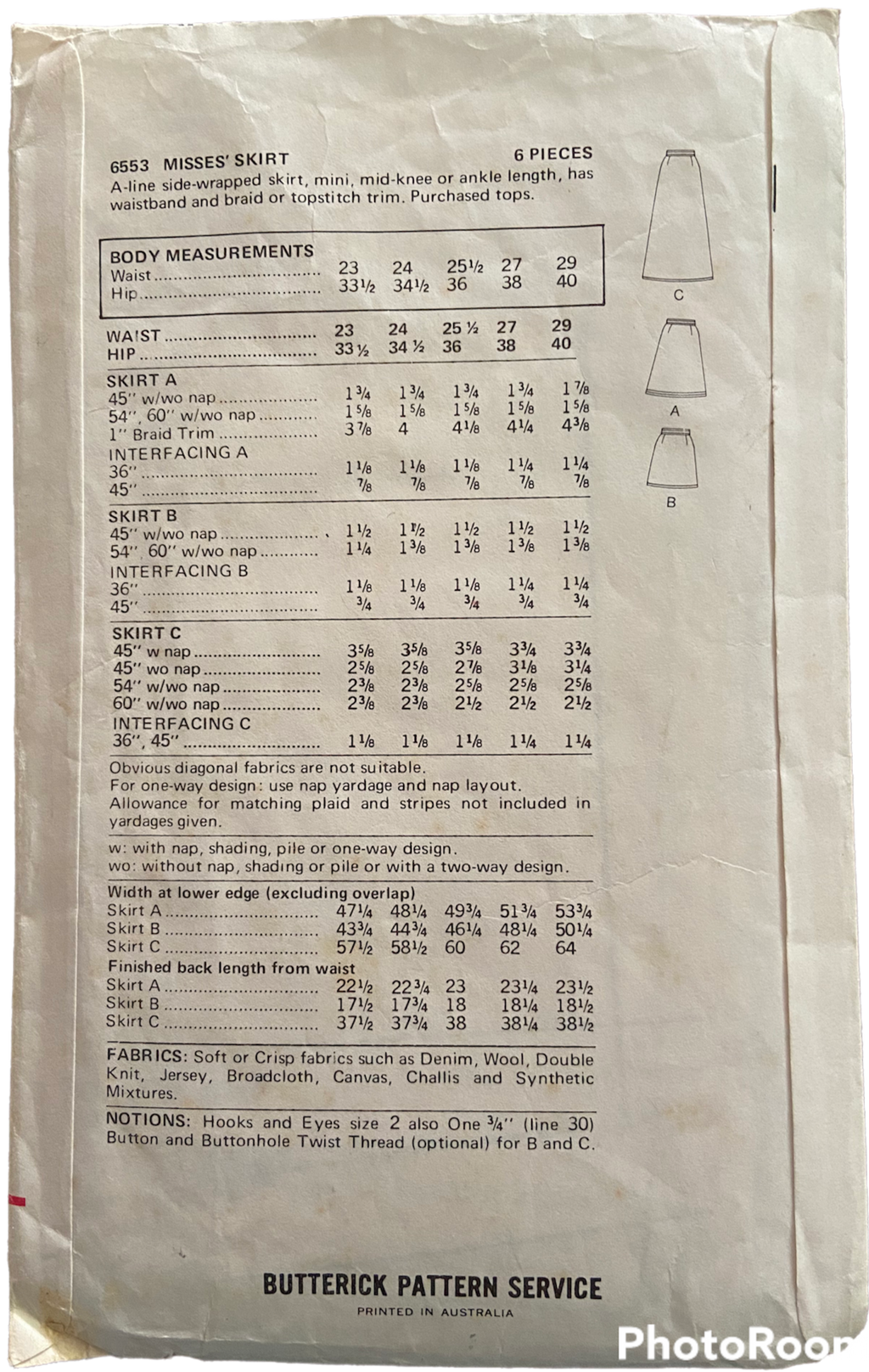 Butterick 6553 vintage 1970s wrap skirt sewing pattern