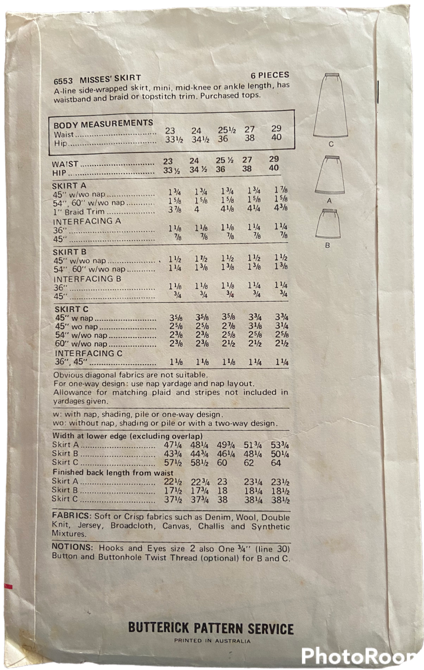 Butterick 6553 vintage 1970s wrap skirt sewing pattern