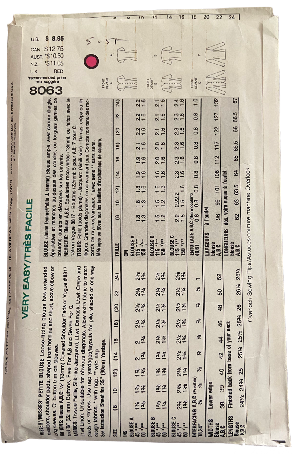 Very easy very vogue 8063 vintage 1980s blouse sewing pattern. Bust 31.5. 32.5, 34 inches