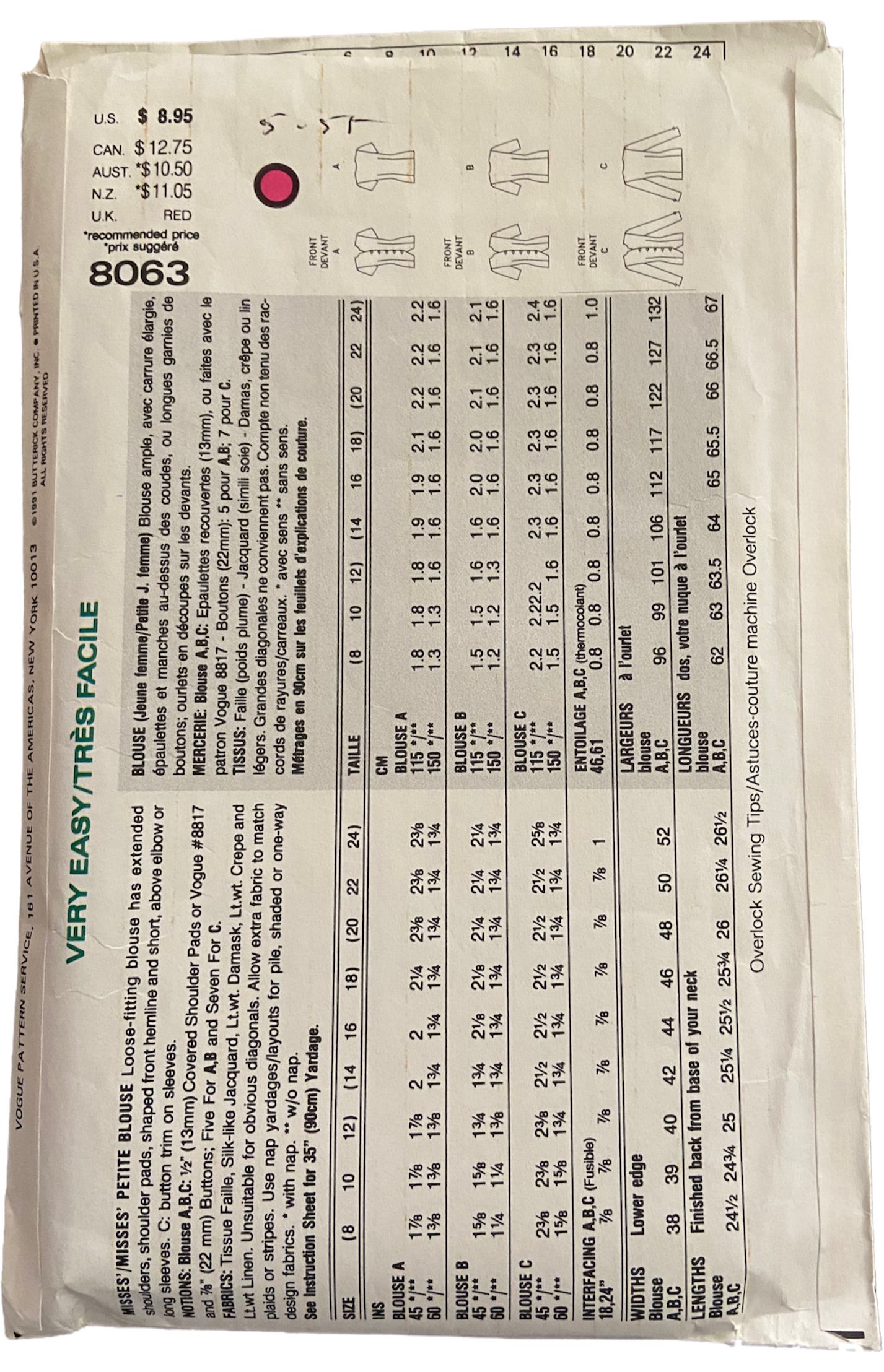 Very easy very vogue 8063 vintage 1980s blouse sewing pattern. Bust 31.5. 32.5, 34 inches