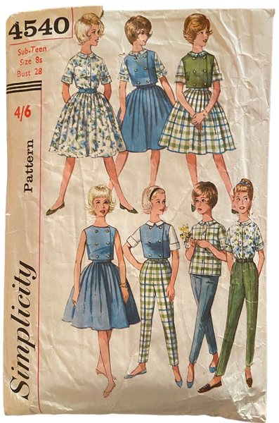 Simplicity 4540 vintage 1960s sub teen skirt, blouse, top and pants (weekend wardrobe) sewing pattern
