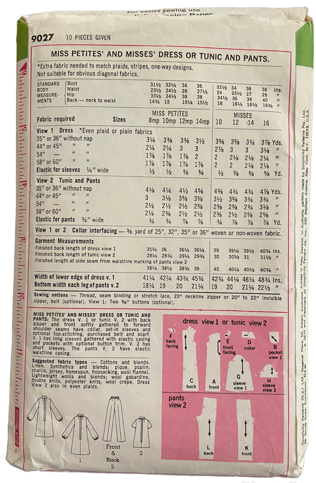 Simplicity 9027 vintage 1970s dress or tunic and pants sewing pattern WOUNDED BARGAIN