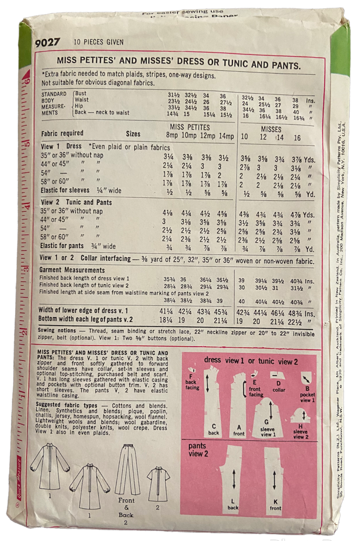 Simplicity 9027 vintage 1970s dress or tunic and pants sewing pattern WOUNDED BARGAIN