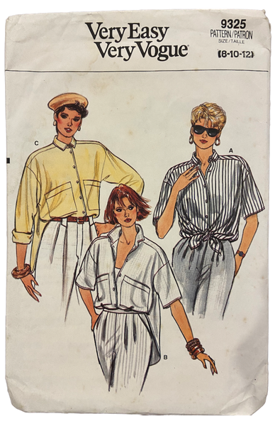 Vogue 9325 Vintage 1980s shirt sewing pattern. Bust 31.5, 32.5, 34 inches
