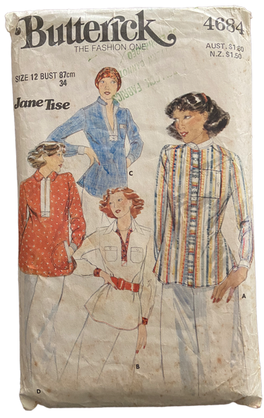 Butterick 4684 vintage 1970s Jane Tise blouse sewing pattern. Bust 34