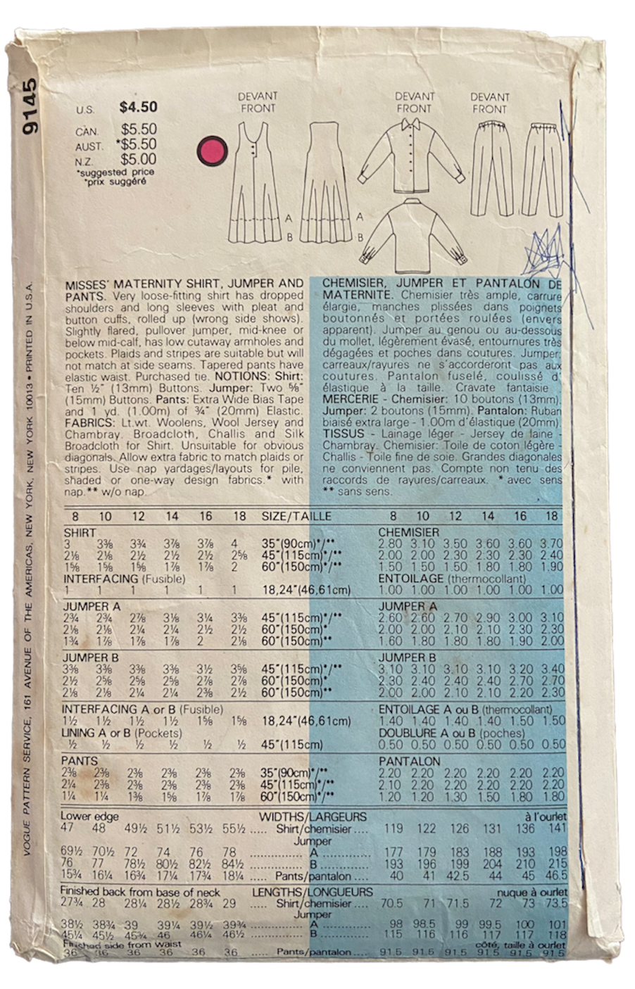 Vogue 9145 vintage 1980s maternity shirt, jumper and pants pattern Bust 36, 38, 40 inches