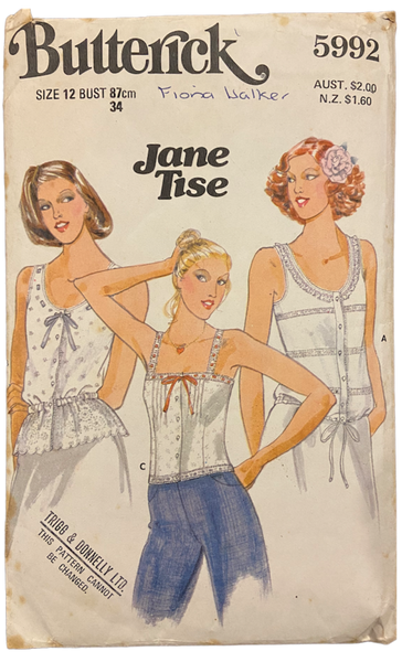 Butterick 5992 vintage Jane Tise 1970s top sewing pattern. Bust 34
